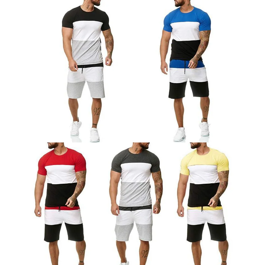 

2 piece men short+T-shirt puls size 5xl fitness sport wear sweatshirt men's running shorts patchwork summer casual set