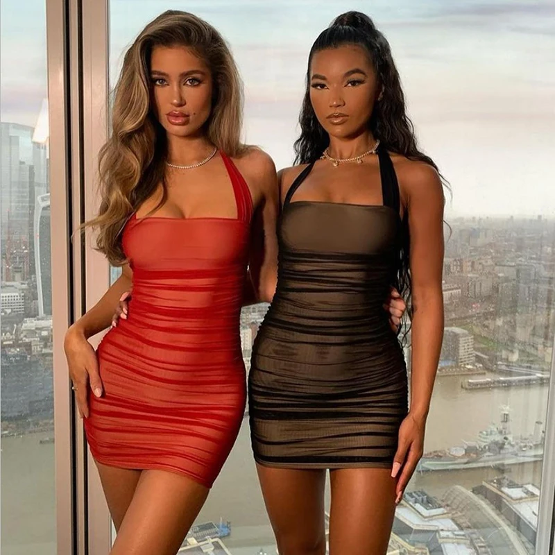 

Summer Sexy Women Solid Color Lining Mesh Dress Sleeveless Halter Backless Ruched Bodycon Pleated Mini Dress, As picture shown or customized following customer design