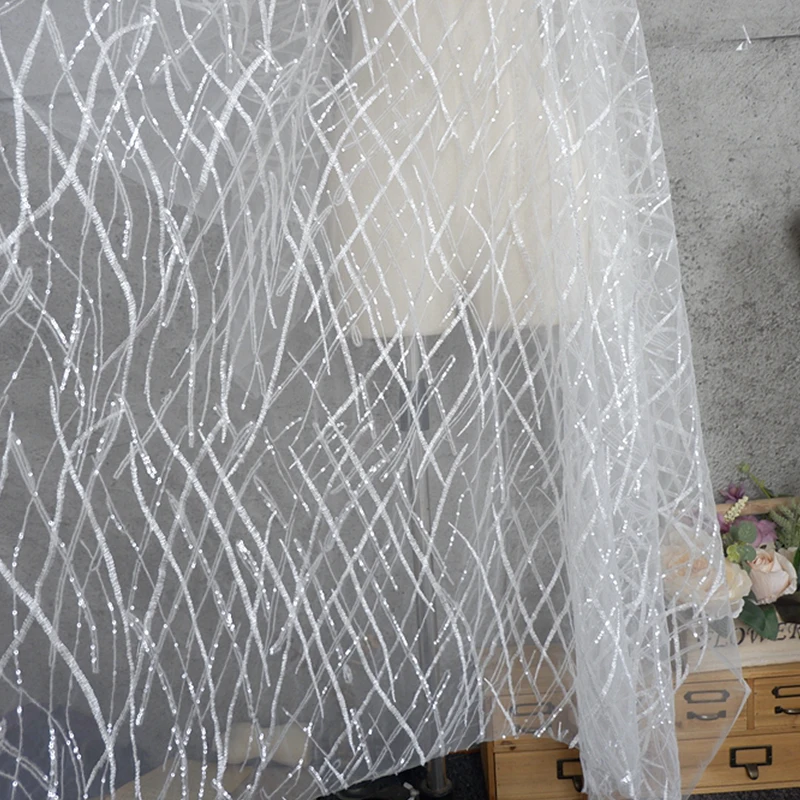 

Popular white sequin embroidery lace fabric for bridal dress, Ivory