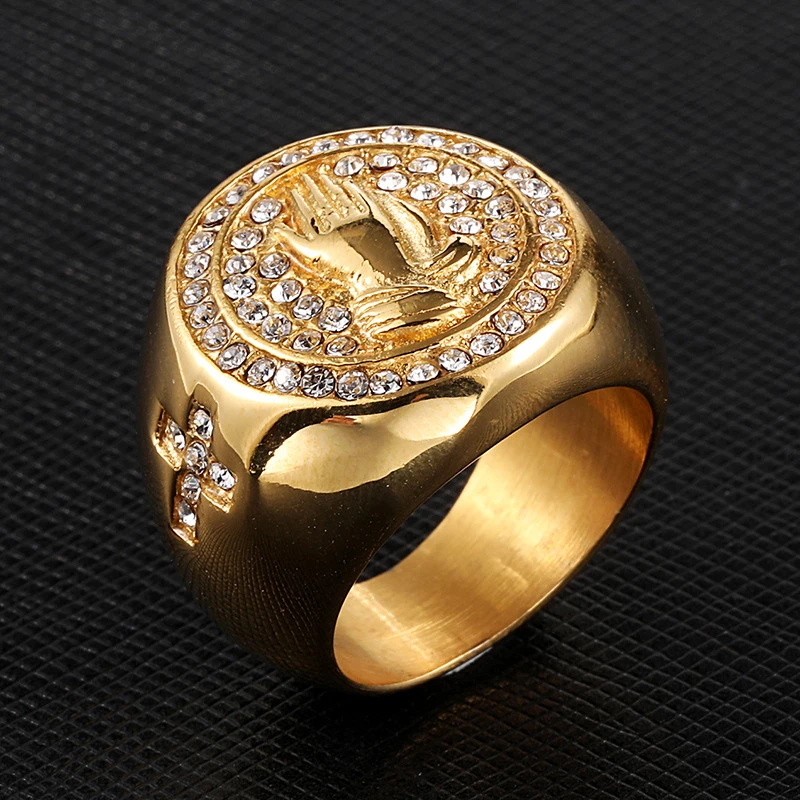 

European And American New Style Stainless Steel Golden Prayer Hands Ring Hip Hop Titanium Steel Ring