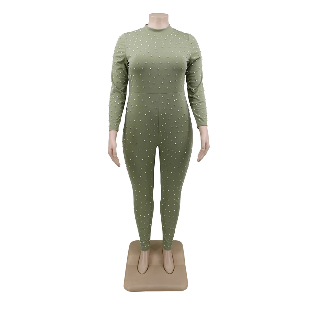 Long Sleeve Sexy Bead Bodysuit Yoga Ladies Rompers Sexy Workout Bodycon One Piece Women Plus Size Jumpsuits