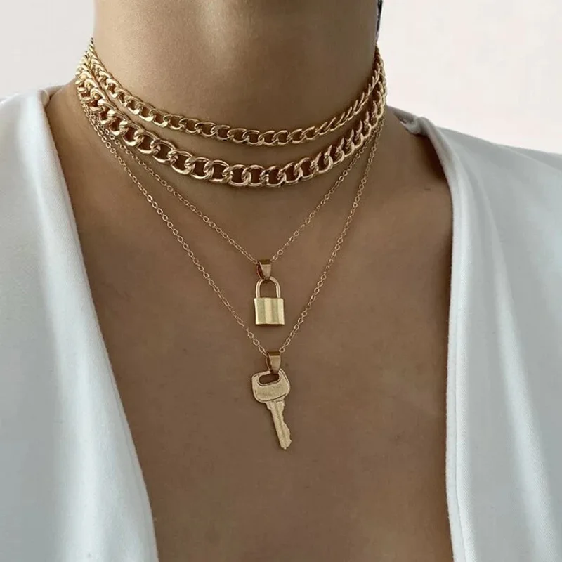 

Trendy Gold Color Plated Locket Chain Necklace Lock and Key Layered Necklace for 2021 Women Jewelry