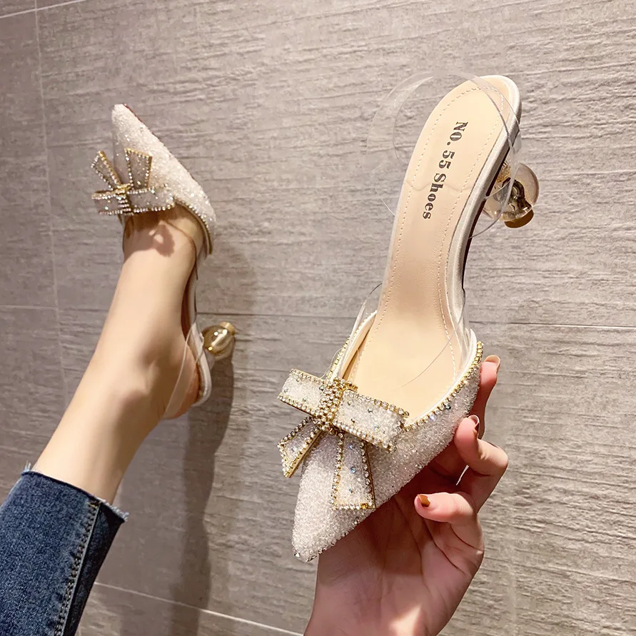 

Sexy Pointed High Heels Cutout Transparent Strap Rhinestone Sandal Heel With Bow Heeled Sandals, 4 colors