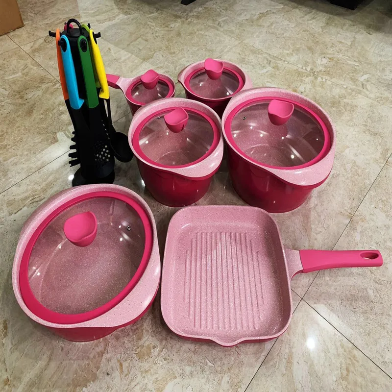 

The kitchen household Dissini 18PCS non-stick pots set cookware set, Red,pink