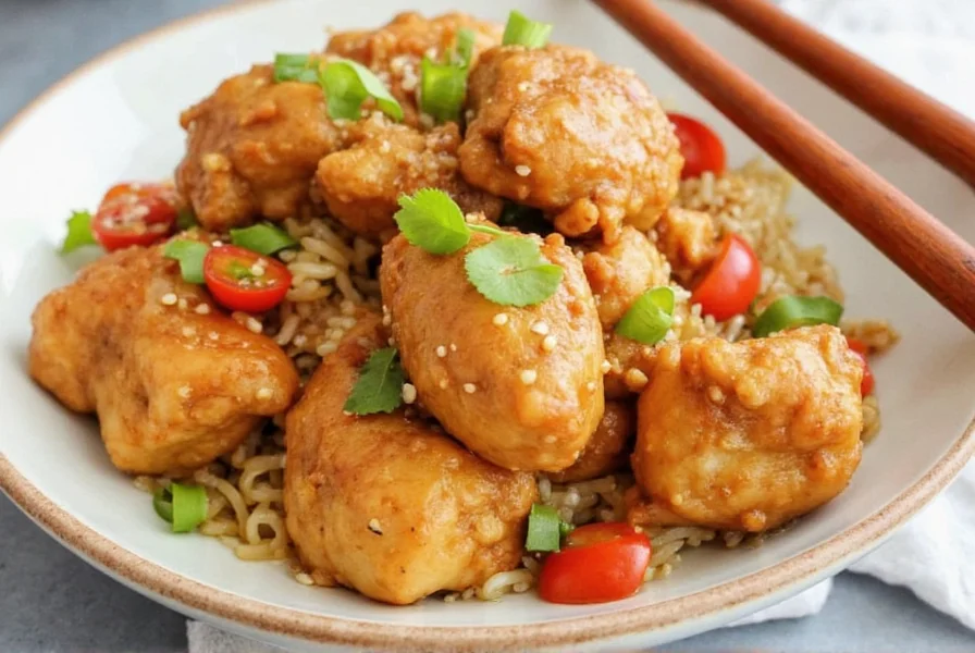 Fresh ginger root sliced paper-thin with chicken thigh pieces and scallions arranged on cutting board