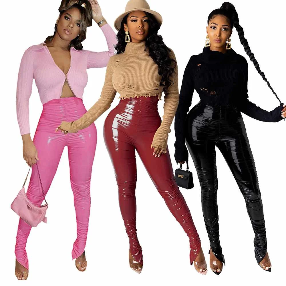 

Most Popular High Waist Pants Elastic Pu Leather Pants Woman Pleated Trousers