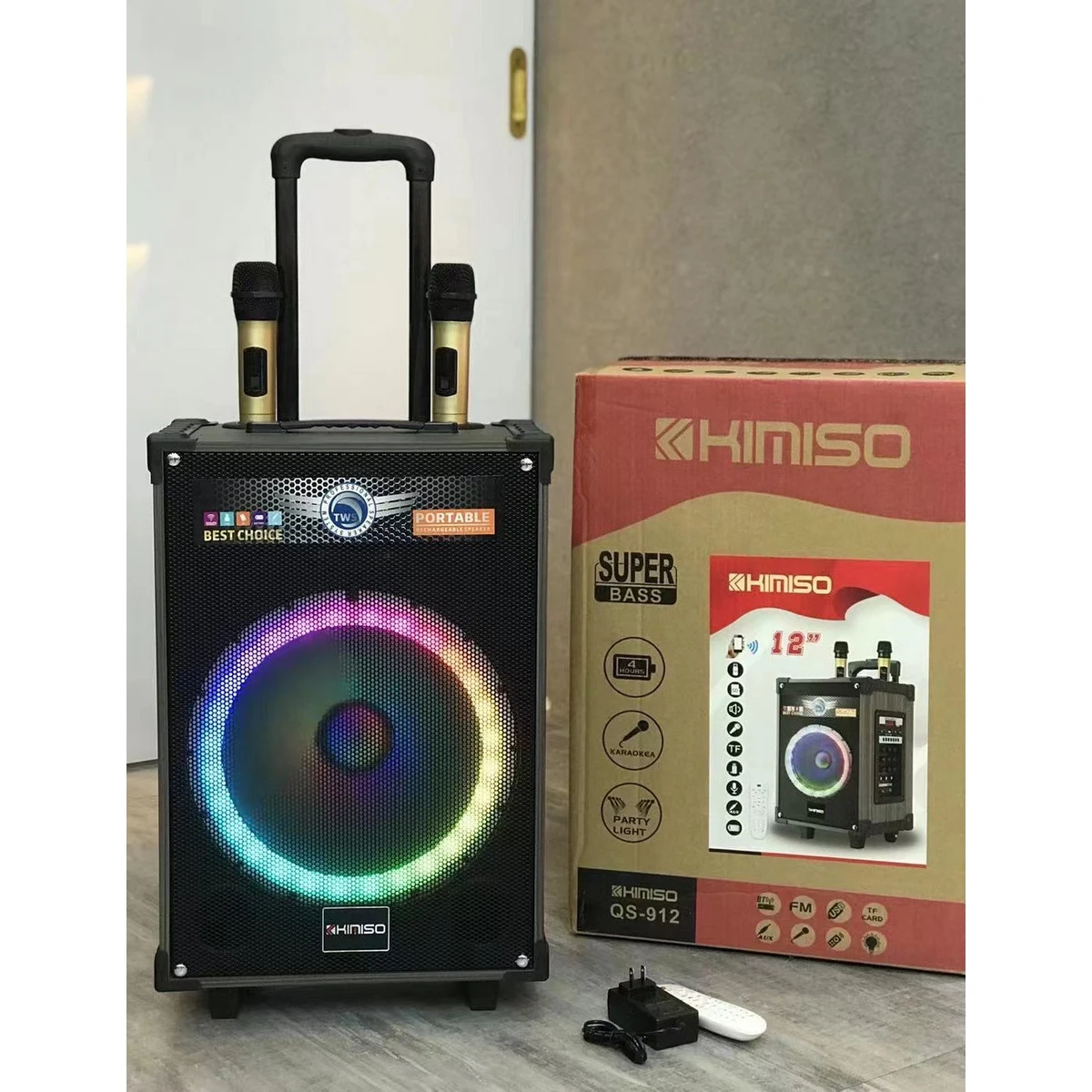 

QS-912 New KIMISO 12 Inch Speaker Big Rrolley Speaker With Double Wireless Microphone