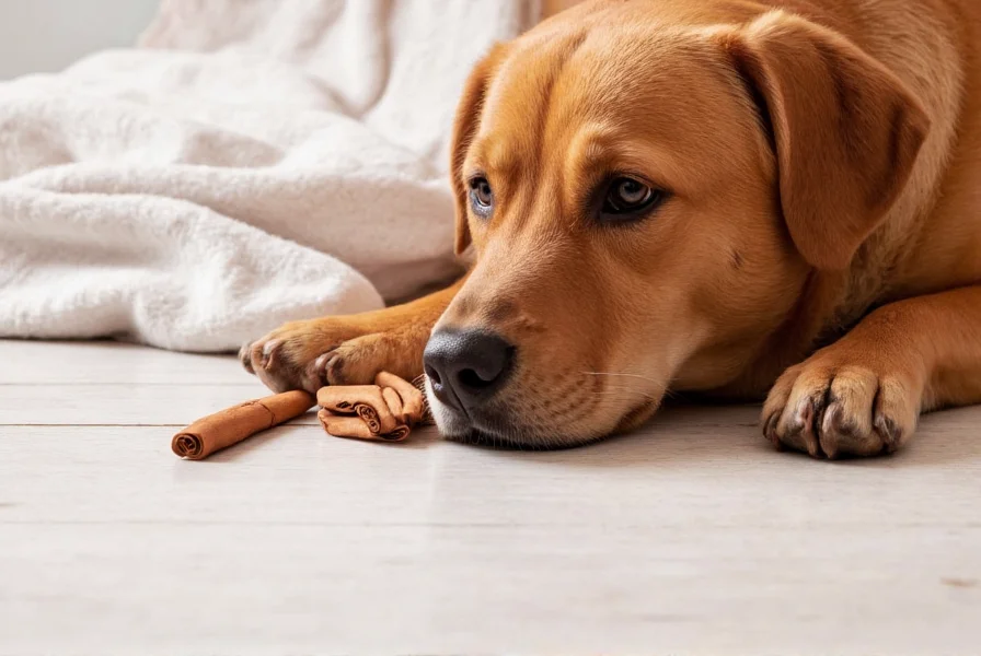 Close-up of a dog sniffing cinnamon powder with visible irritation around nose