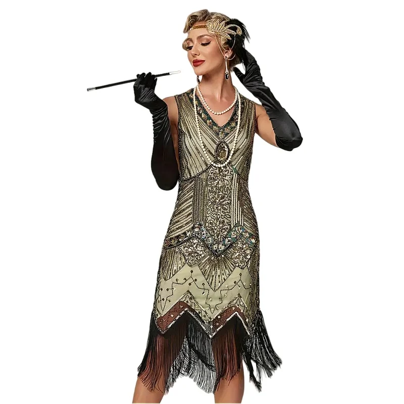 Vintage 1920s Flapper Dress – Beaded V Neck & Fringe