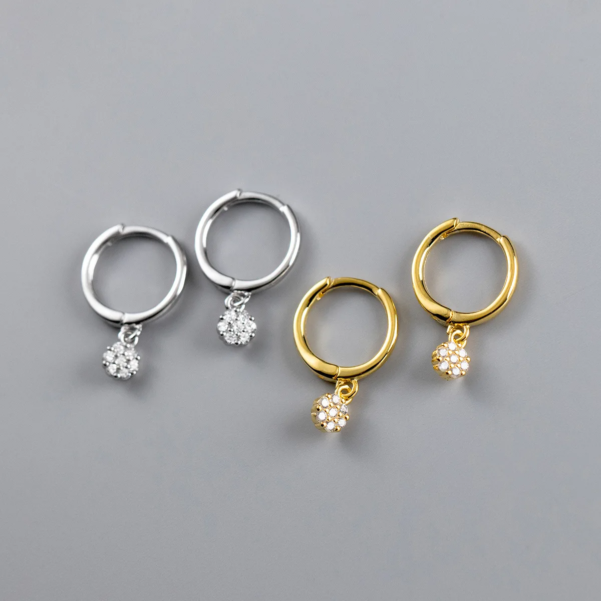 Fashion 925 Sterling Silver Minimalist Jewelry Simple Flower Round Diamond Pendant Gold Plated Hoop Earrings for Women