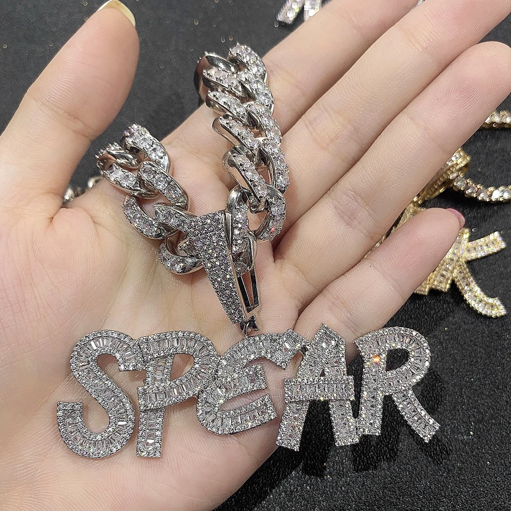 

baguette name diamond iced out cuban link chain custom hip hop necklace jewelry