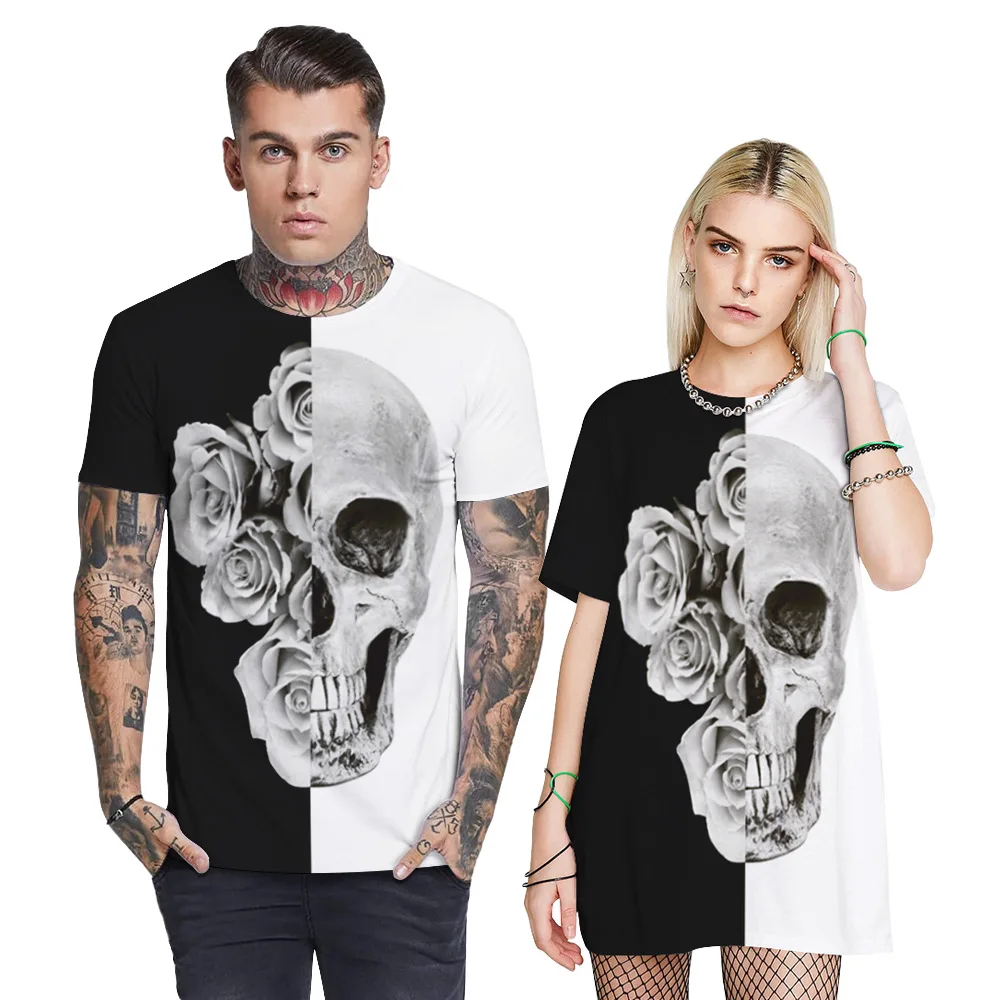 

Hot selling summer 3D digital printing loose unisex t shirt couple shirts design for lovers top wholesale, Black and white