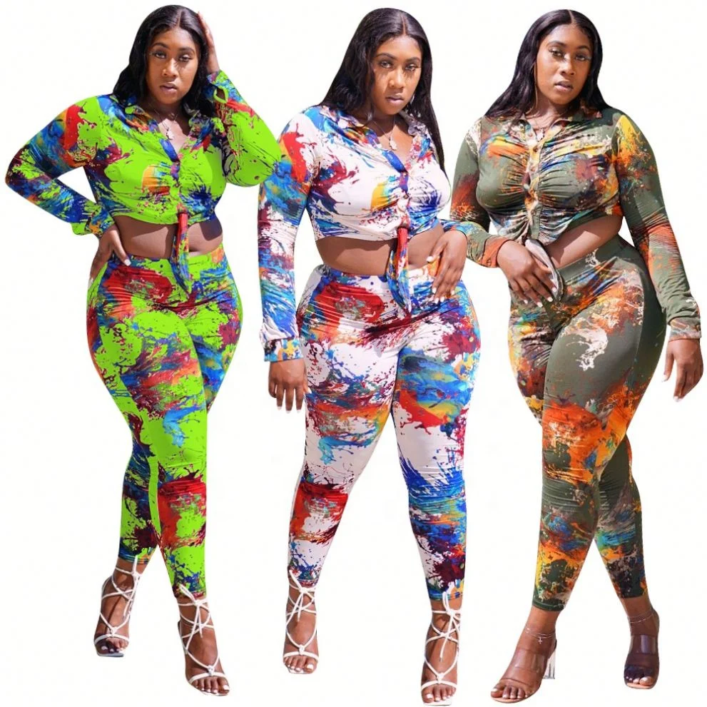 

New Style Tie-dye sexy 2 piece set women long sleeve Turn-down Collar Crop top Pencil pant two piece set fall 2021 women clothe