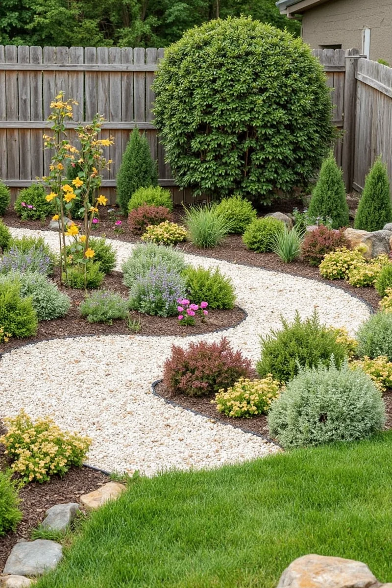 Family-friendly backyard with gravel paths and play area