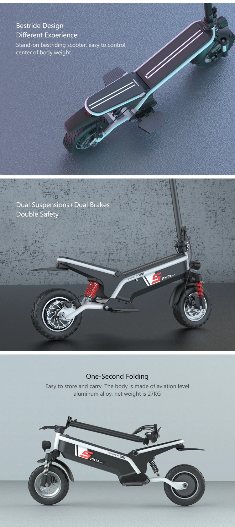 Pxid dual suspension electro scooter 350W 500W escooter off road electric scooter