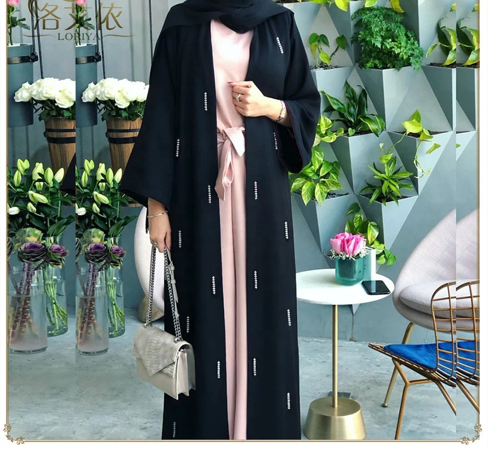 

2020 Malaysia Muslim Dresses FREE SHIPPING Open Abaya With Hand Made Bead Kimono Dubai Long Maxi Dresses, Black