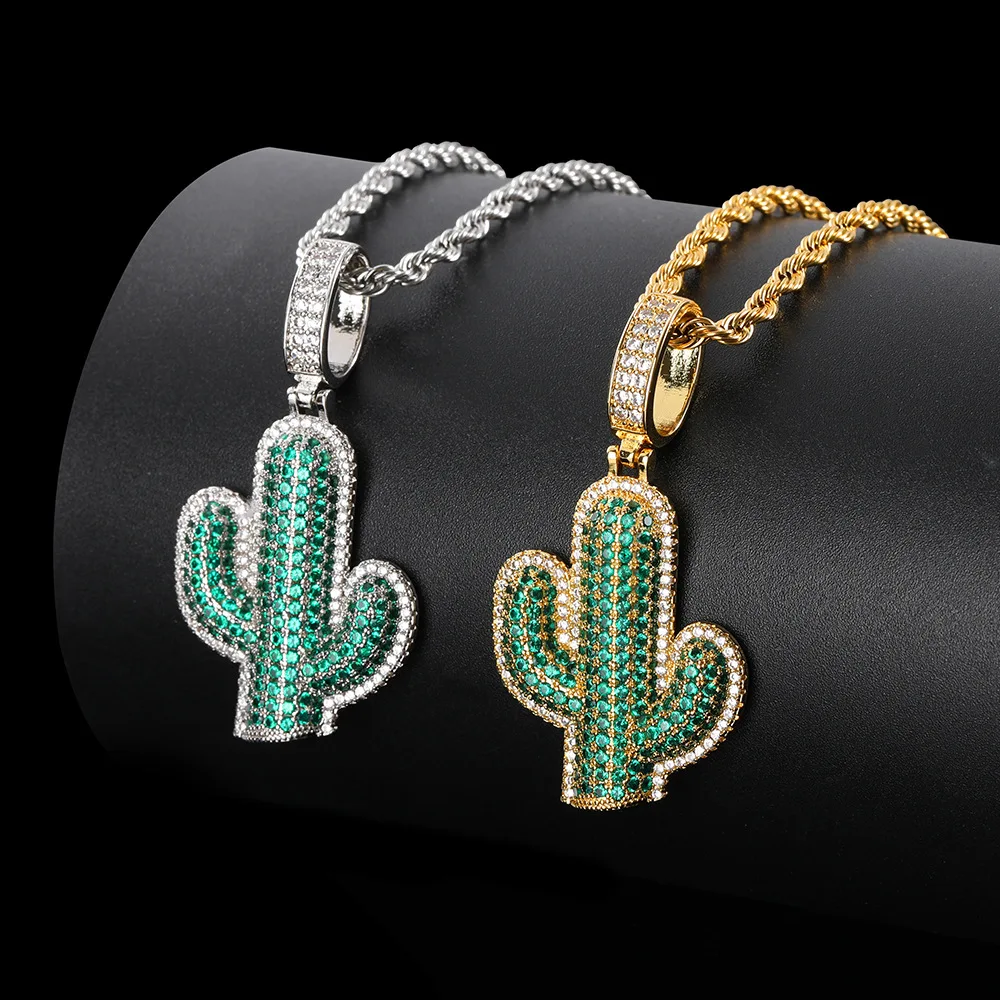 

Iced Out Cactus Pendant Necklace For Women Men Small Weed Herb Maple Leaf Pendants Necklaces Plant Cubic Zircon Hip Hop Jewelry