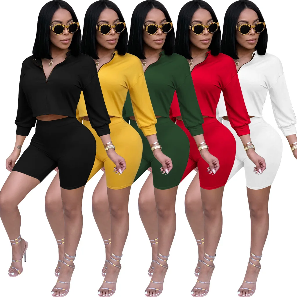 

Female Pure Colors Long Sleeves Hot T-Shirt Short Pants Two Piece Sets, Picture color