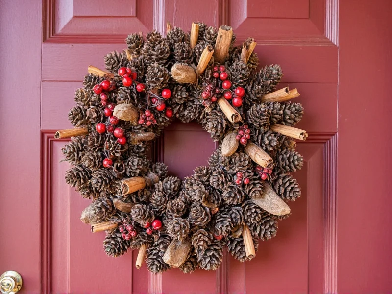 Natural pinecone wreath adorned with dried berries and cinnamon sticks on front door