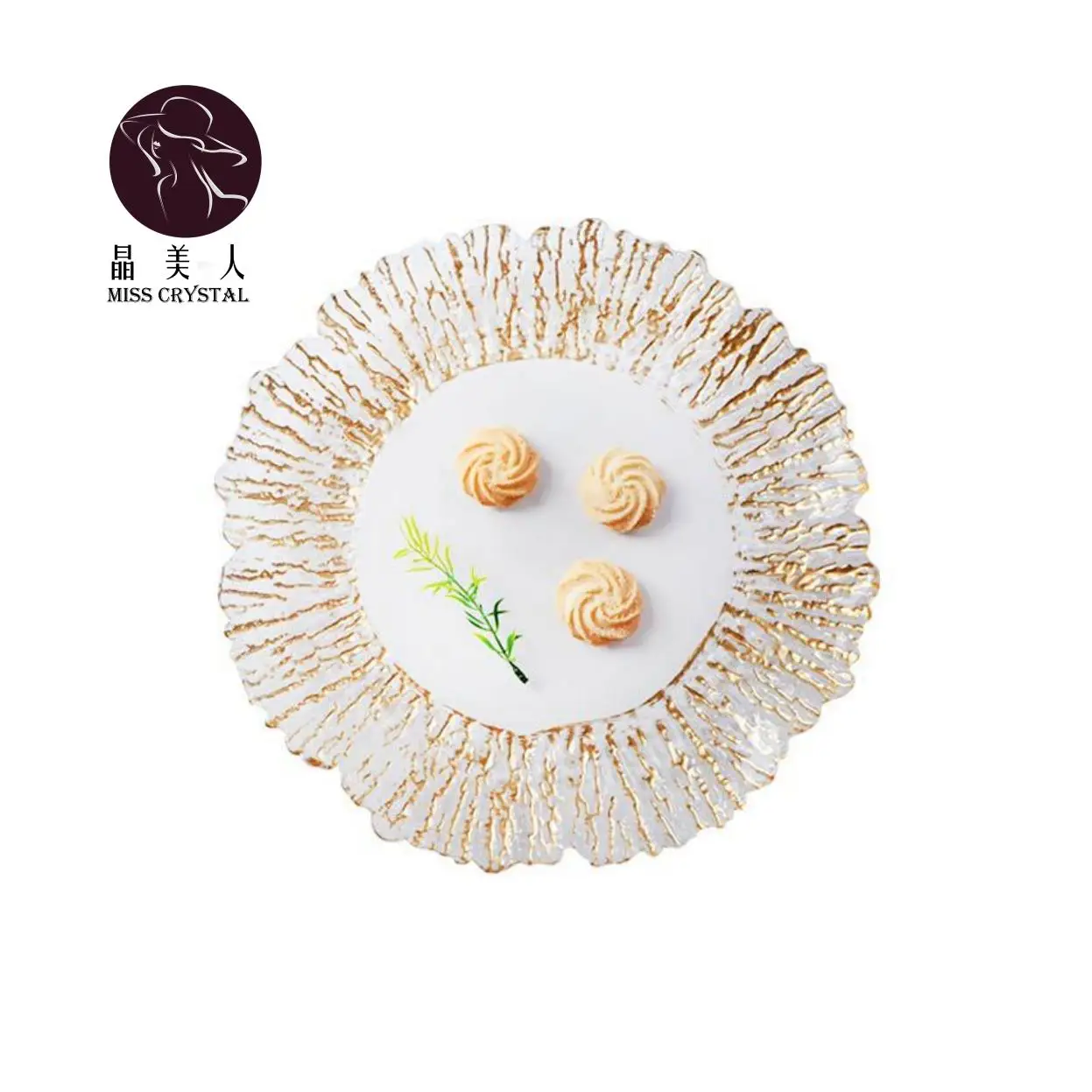 

Supplier Popular New design restaurant or wedding decor clear fancy glass charger plates with gold rim, As picture