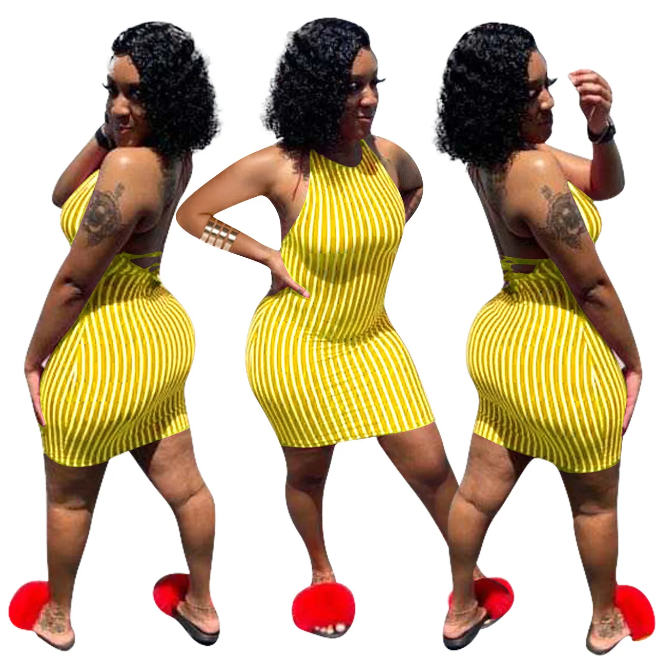 

Fashion Striped Bodycon Dress Sexy Summer Tight Knee Length Dress Women Plus Size Dress, As shown in the pic