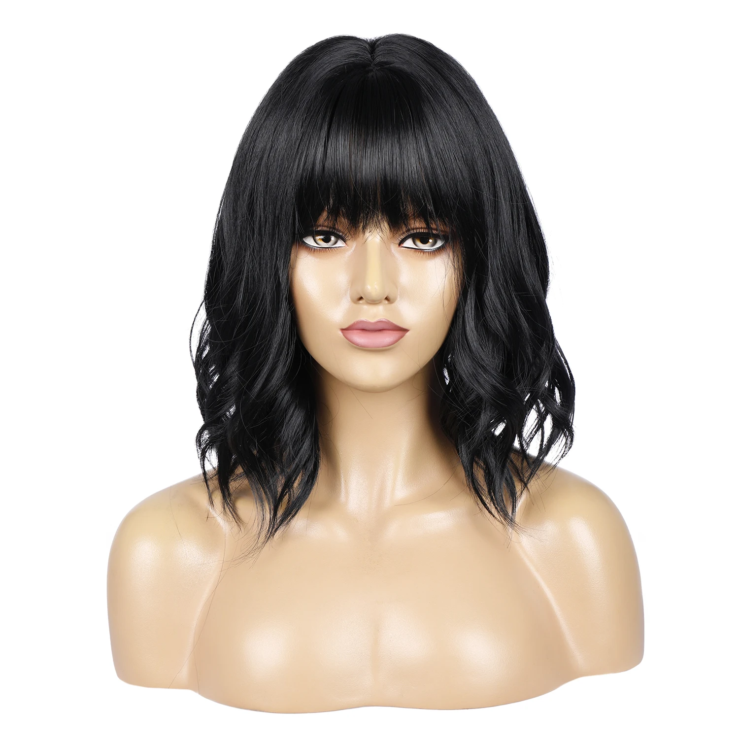 

Oem Machine Made Black 100% Peruvian Hair Wavy Short Bob Wig With Bangs