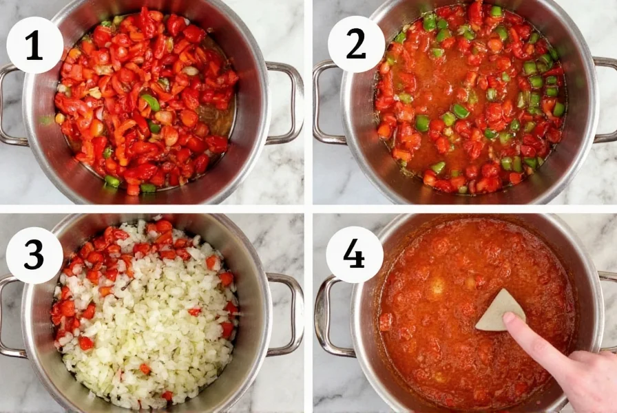 Step-by-step preparation of homemade pepper and onion relish showing diced peppers and onions cooking in a saucepan