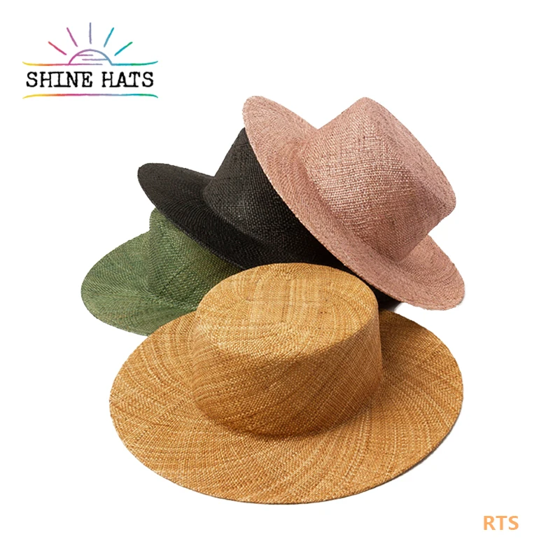 

Shinehats OEM Luxury Colorful Summer Boater Hats Straw Extra Wide Brim Lady Plain Flat Top Womens Floppy Sun Beach Promotional