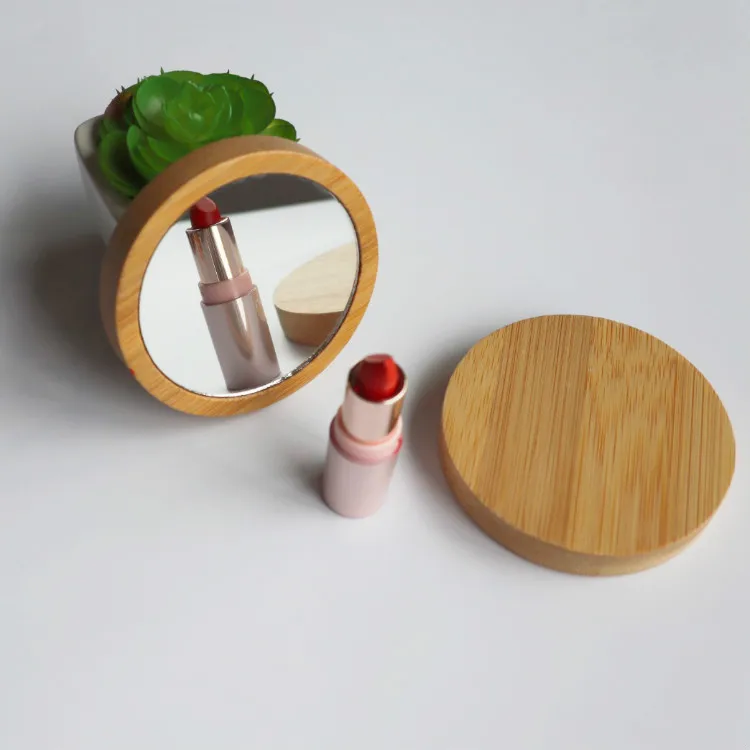

Custom Logo Portable Bamboo Wooden Cosmetic Hand Mini Small Round Pocket Make Up Makeup Mirrors