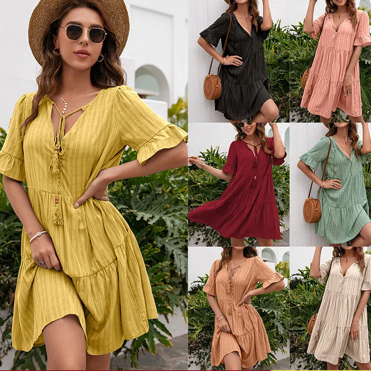 

DUODUOCOLOR Casual and comfortable loose fitting clothing five of sleeve v neck women dresses with tie straps D97652