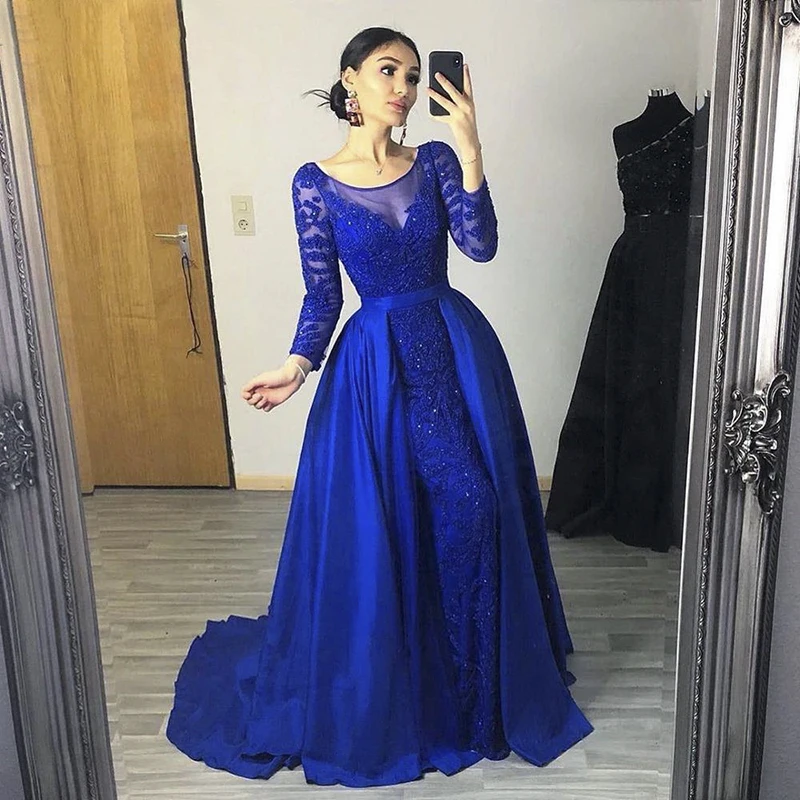 

Scz105 Emerald Green Mermaid Muslim Evening Dress Overskirt Navy Blue Dubai Arabic Formal Dresses For Women Wedding Party