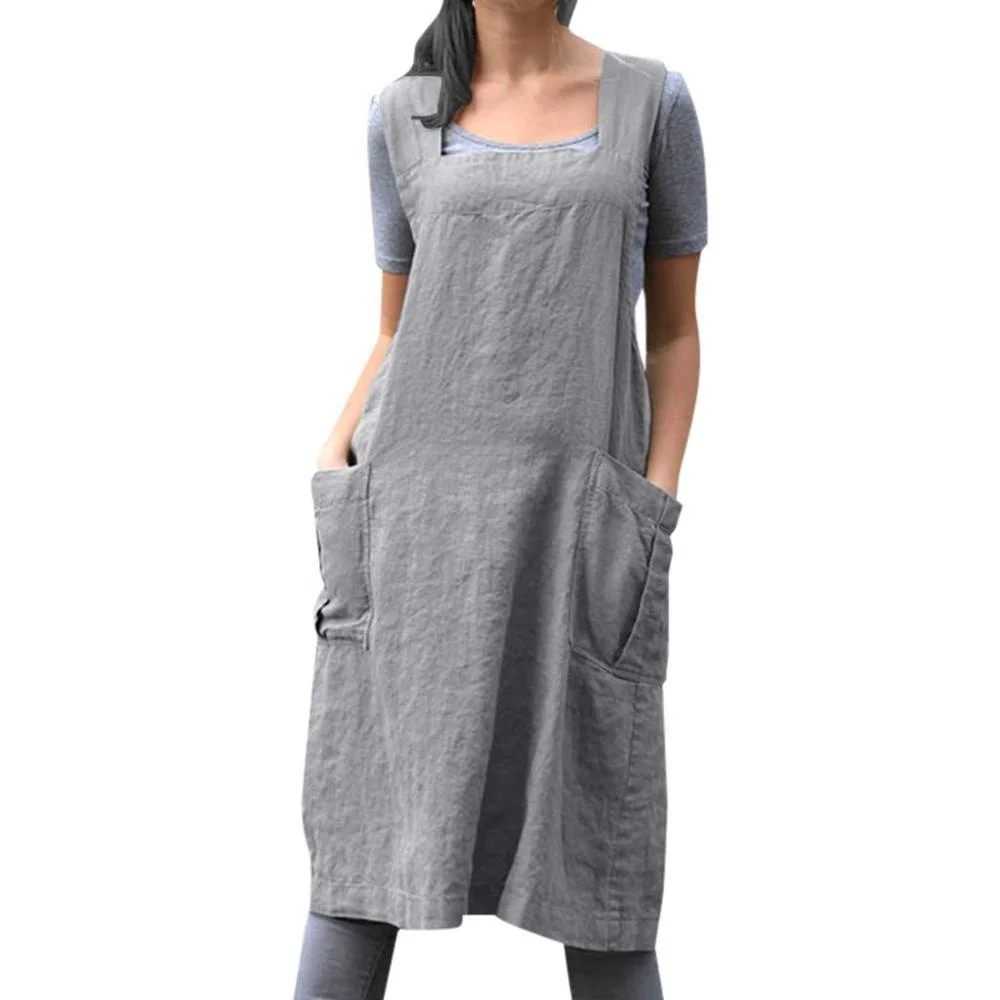 

Women Cotton Linen Apron With Bag Pinafore Square Cross Apron Pinafore Dress