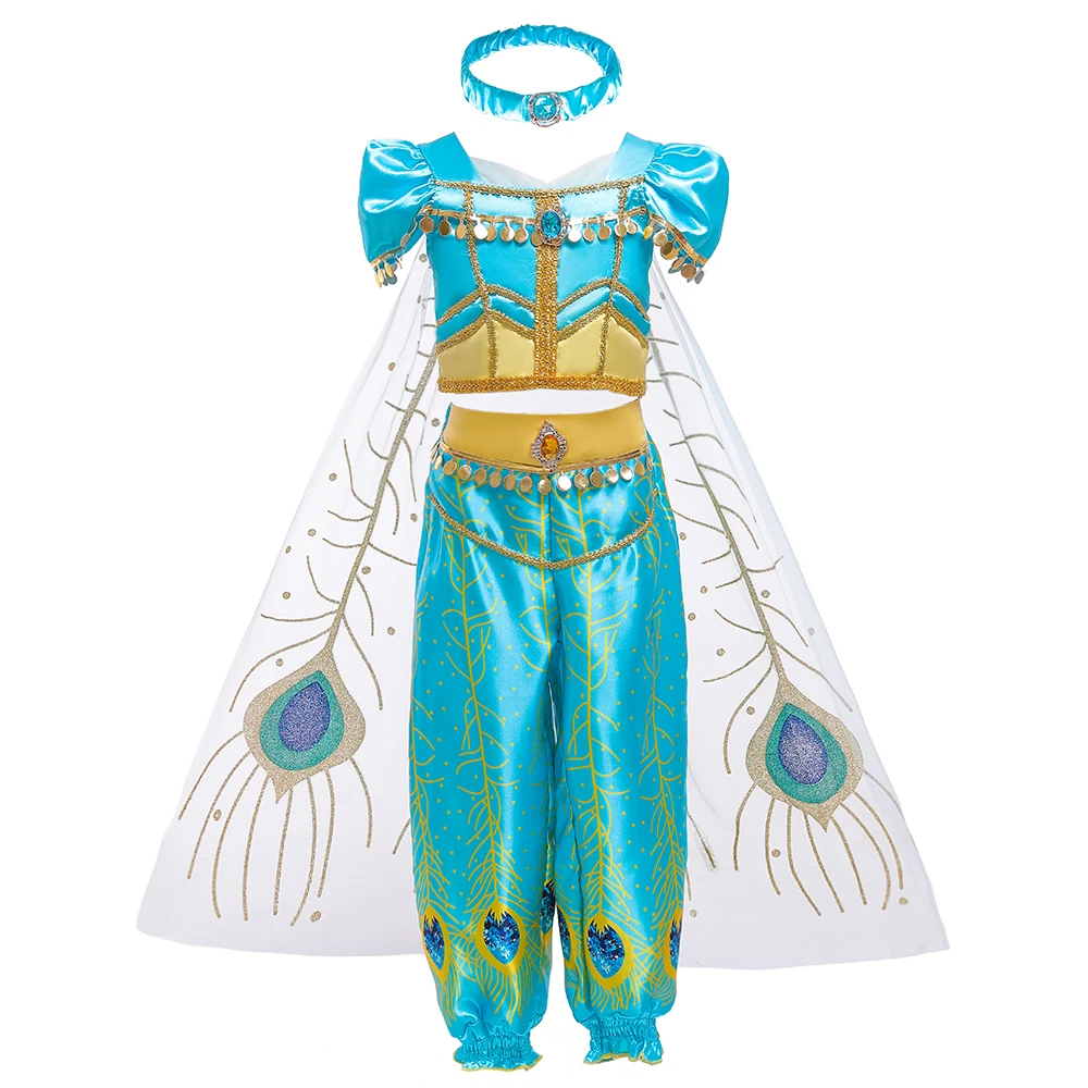 

Hot Selling Princess Jasmine Sets Aladin Cosplay Perform Party Dress Baby Girl Clothing BX1639, Blue