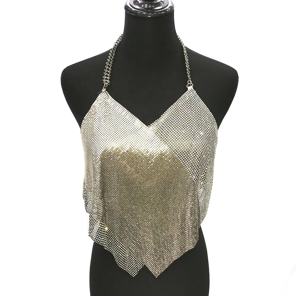 

S510 Wholesale Custom Bulk Cheap Women Sexy Sleeveless Mesh Rhinestone Vest Sequin Crop Tops, Black , silver ,gold