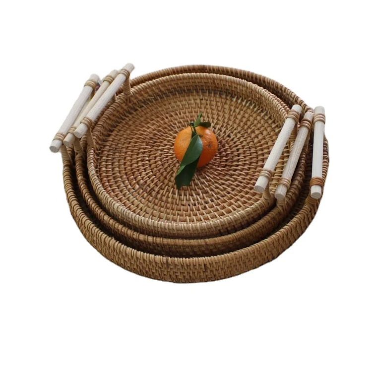 

Original Ecological Rattan Hand-woven Round Rattan Tray Wooden Tray With Handles, Raw rattan color