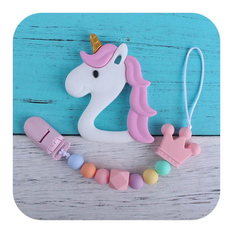 

Wholesale Silicone Toddler Baby Teething Pacifier Clip Chain With Silicone Unicorn Beads