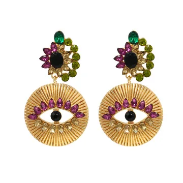 

Fashion Evil Eyes Drop Earrings Gold Tone Geometric Rainbow Crystal Rhinestone Hollow Circle Evil Eyes Dangle Earrings For Girls