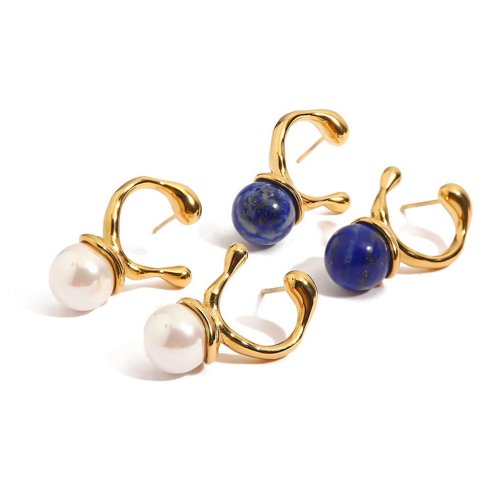 

Ins Popular Lapis Stone And Huge Pearl Earrings 18k Gold Plated Stainless Steel Drop Earring For Girls