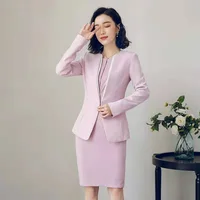 

Korean Fashion Women Slim Tuxedoes 2 Piece Office Lady Pink Dress Suits Set Business Work Blazer Jacket