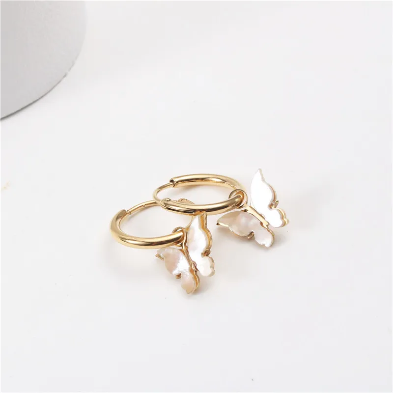 

New Trendy Earring 18K PVD Gold Plated White Shell Butterfly Hoop Earring Stainless Steel Trendy Jewelry