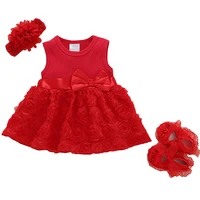 

Spring and summer baby girl red lace dress headband + shoes girls party dress princess dress set