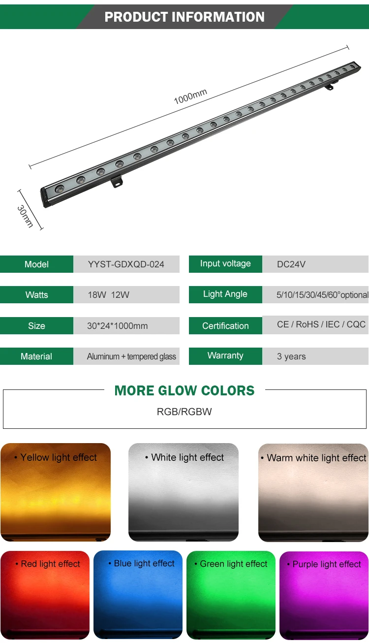 High quality DMX ip65 facade outdoor 12watt 18watt rgbw led wall washer light