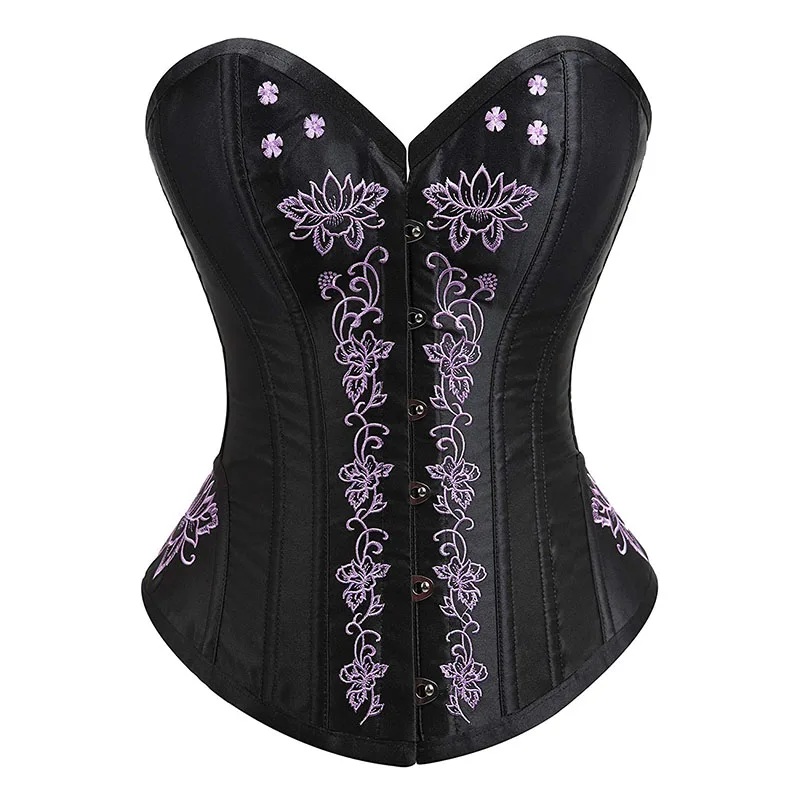 

Women Lotus Embroidery steel bones Buckle Overbust Corset Slippery surface Gothic Corset Body Shaper Satin Corset, Black purple