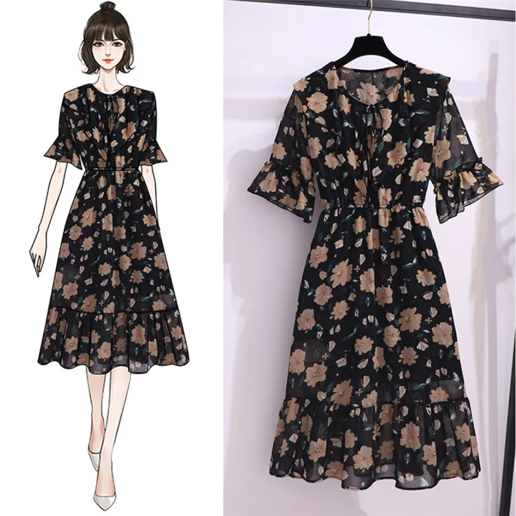 

2021 plus size women's summer French style western chiffon sleeves slim and very fairy floral dress, Black, apricot color