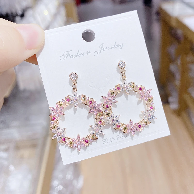 

hot sell fashion garland round earrings zircon flower circle designed crystal beads loop women earrings, Gold color