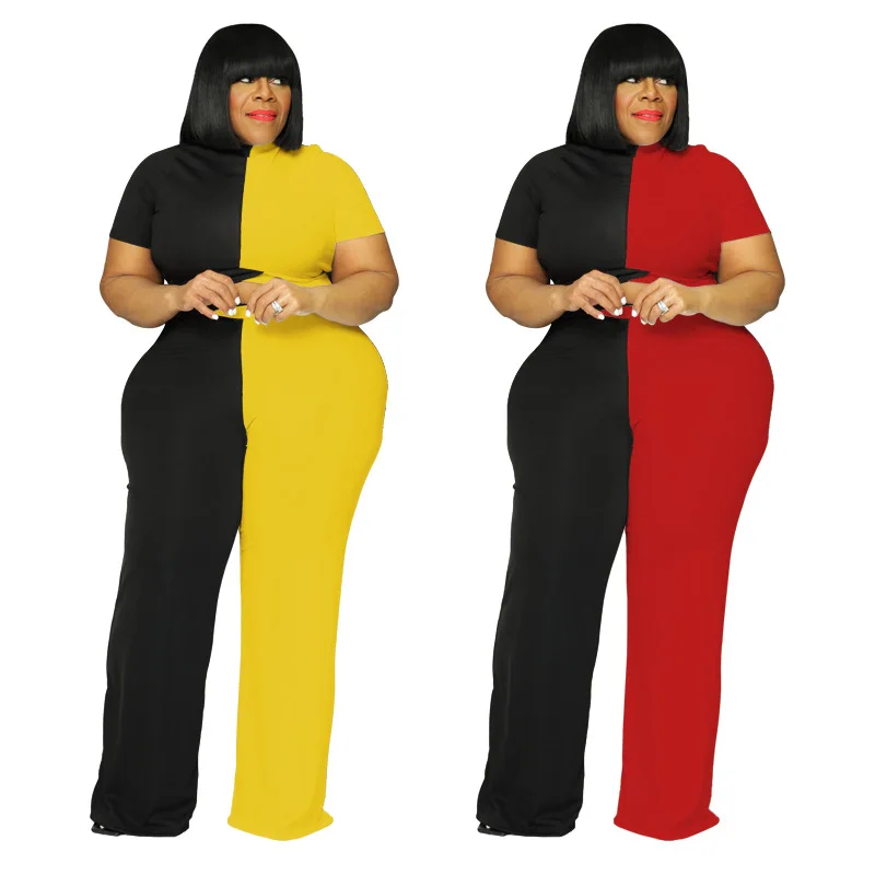 

New Casual Short Sleeves O Neck Spliced Contrast Color Two piece Set Summer Loose Wide Leg Pants Suit Plus Size Women's Sets, Yellow and black,red and black