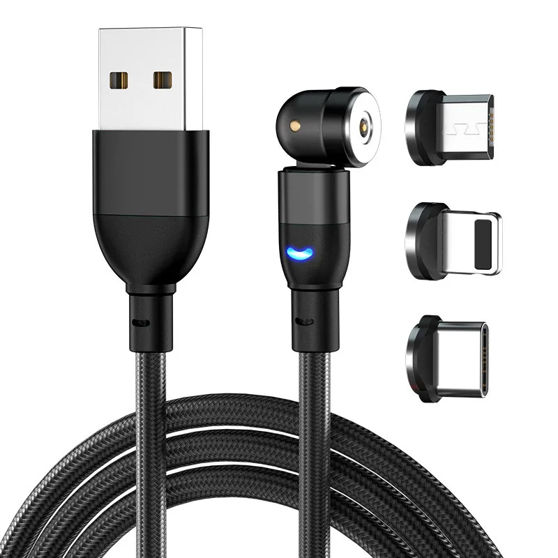 

540 Rotating LED Micro USB Type-C Magnetic Charging Cable 3A Fast Charging Magnetic Charging Three-in-One Free Bend Data Cable, Red blue green colorful