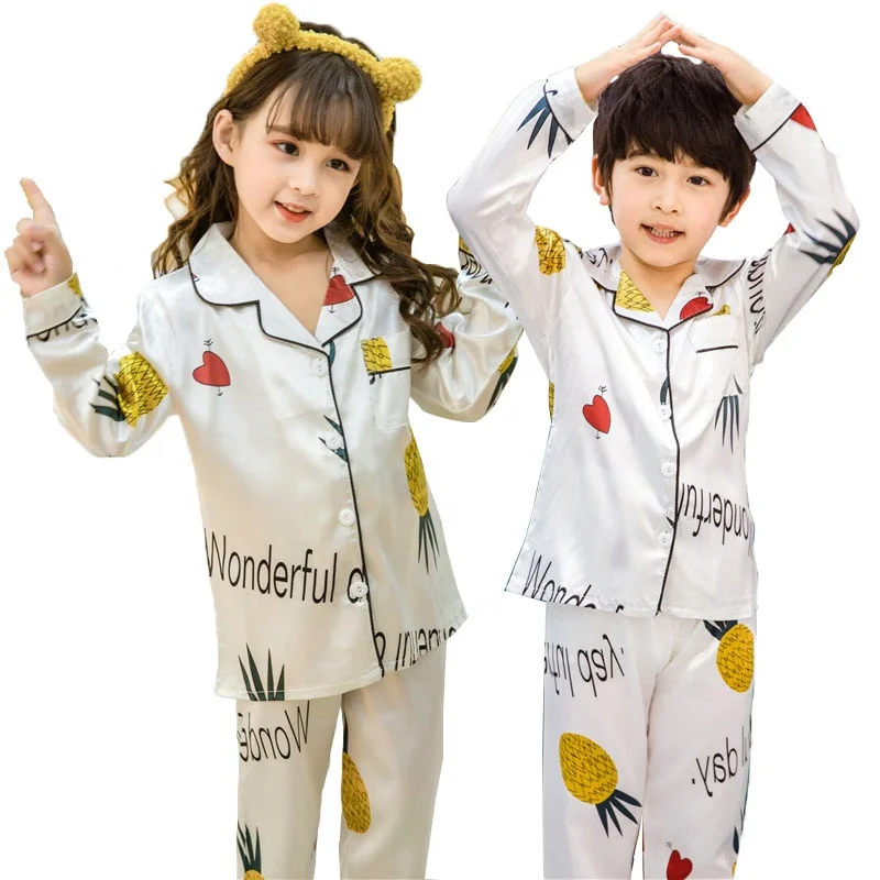 

Children Silk Sleepwear Kids Cute Nightwear Cartoon Printing Pajama Sets Girls Boys Luxury Silk Long Sleeved Pyjamas, Picture shows