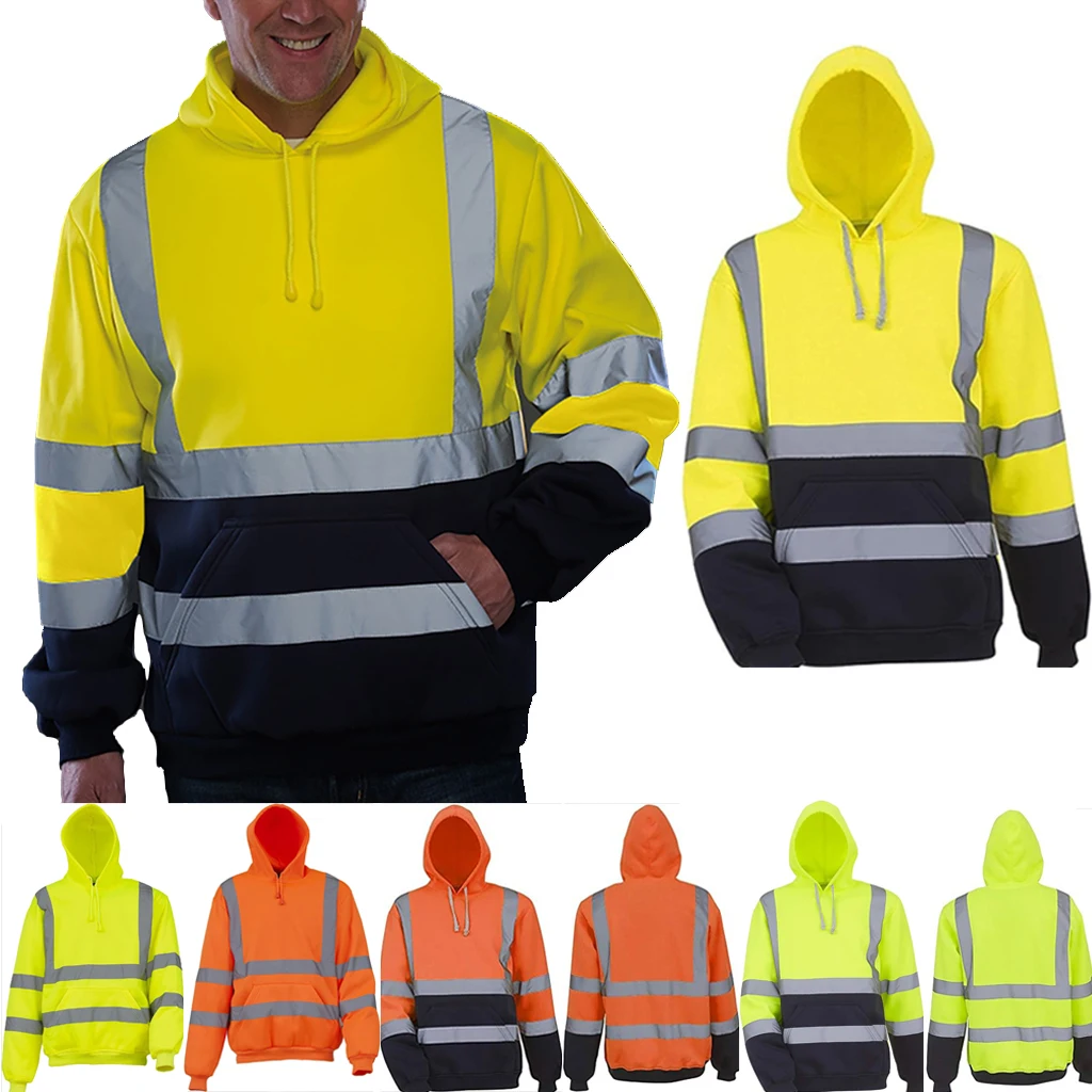 

High Visibility Reflective Pullover Hoodies EN ISO 20471 Class 2/ ANSI Class 2 Flu Yellow Long Sleeve Safety Sweatshirt