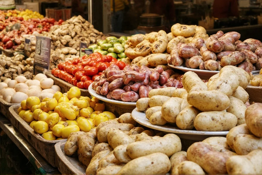 Traditional Irish food market with potatoes, seafood, and dairy products, no ginger prominently featured